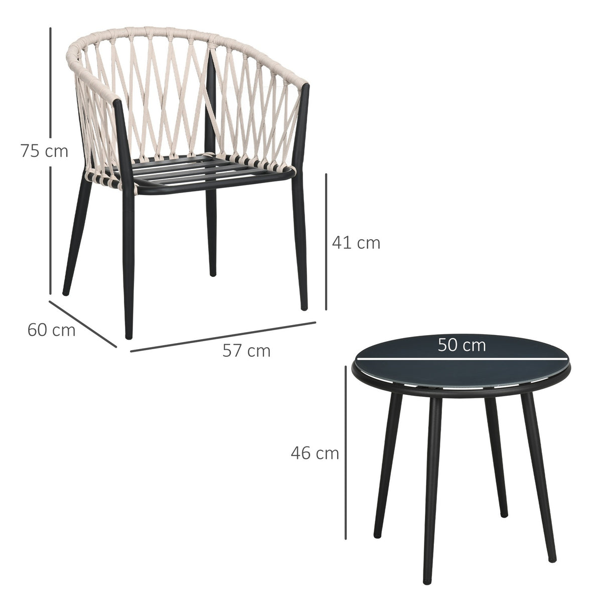 Table, 2 Chairs With Seat Cushions, Balcony Set, Steel, Gray