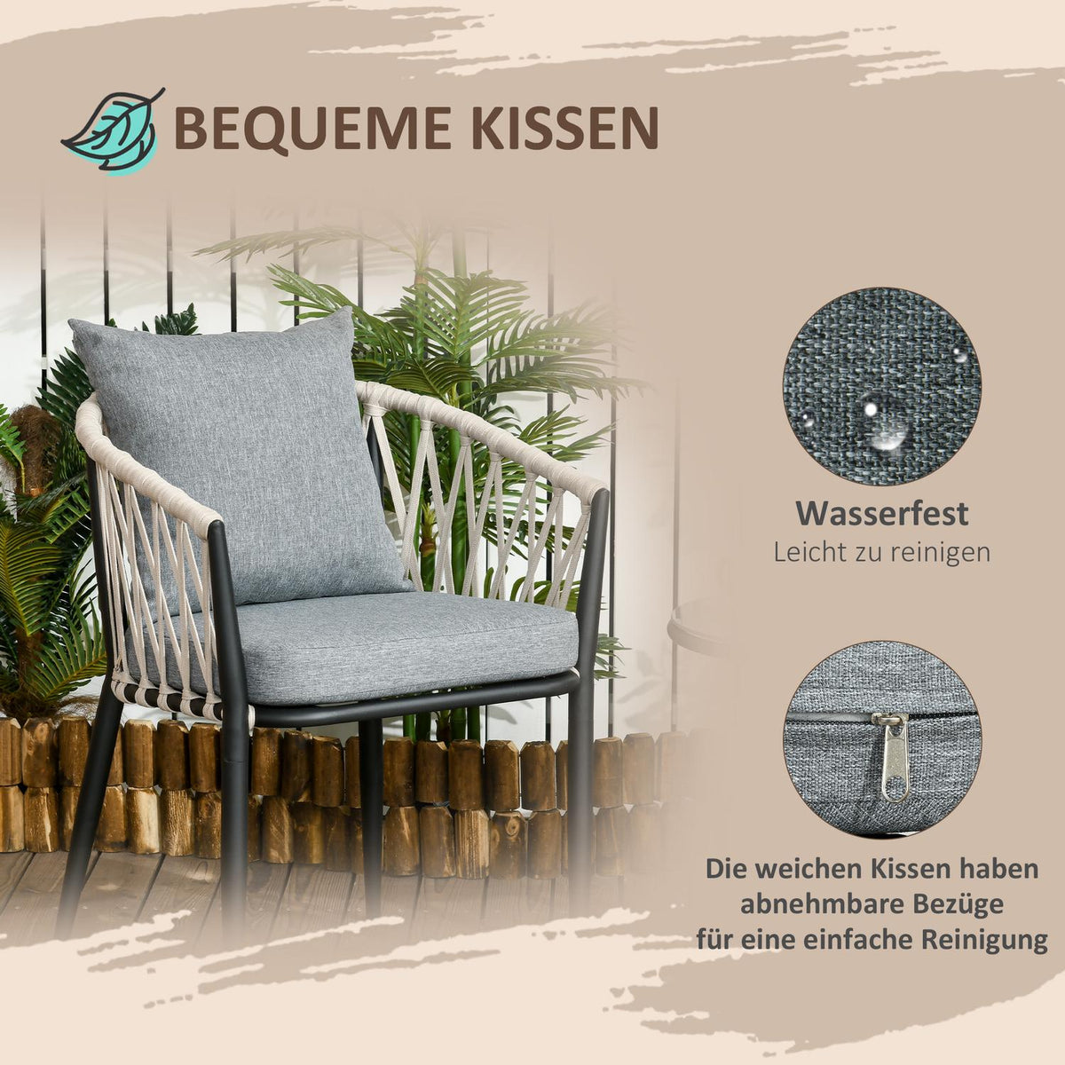 Table, 2 Chairs With Seat Cushions, Balcony Set, Steel, Gray