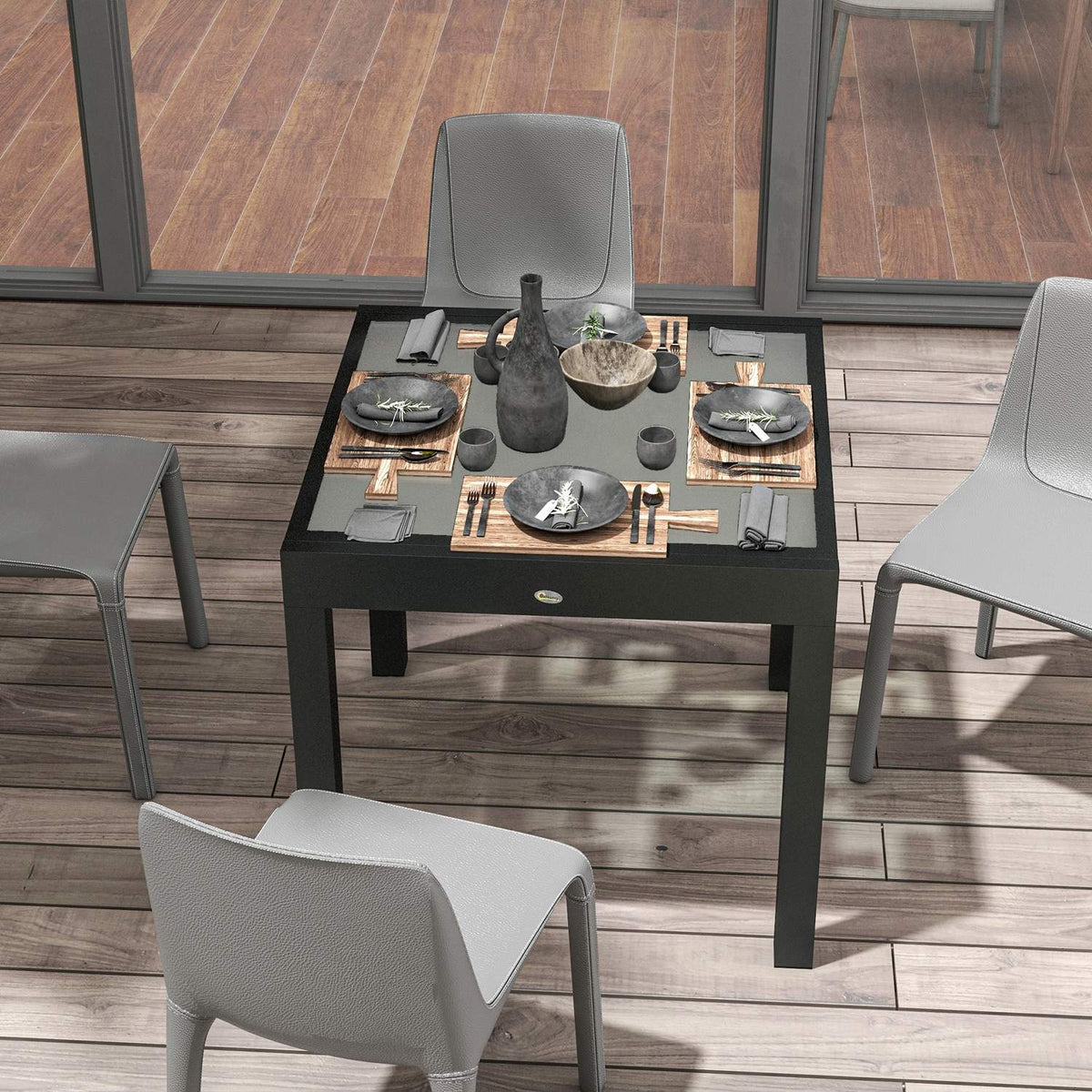 Table Extensible de Jardin Grande Waist Dimensions: 160L x 80W x 75H cm Aluminum Dark Gray Top in Tempered Glass Transparent