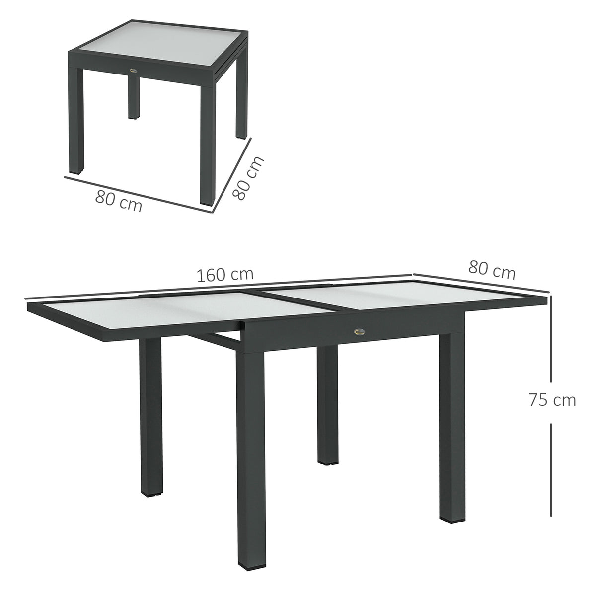 Table Extensible de Jardin Grande Waist Dimensions: 160L x 80W x 75H cm Aluminum Dark Gray Top in Tempered Glass Transparent