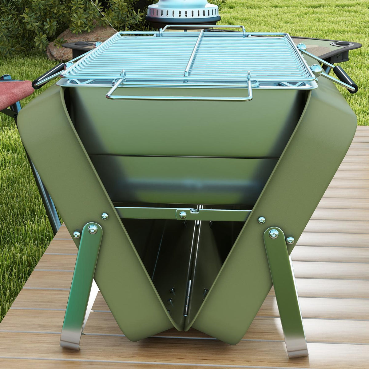 Table Grill, Charcoal Grill With Charcoal Tray, Grill Rack, Handle, Picnic, Garden, Stainless Steel, Green