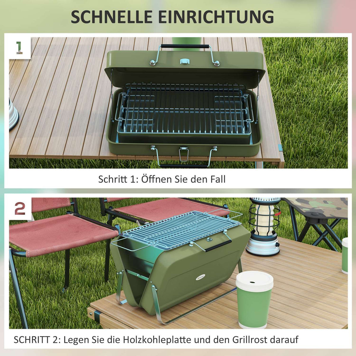 Table Grill, Charcoal Grill With Charcoal Tray, Grill Rack, Handle, Picnic, Garden, Stainless Steel, Green
