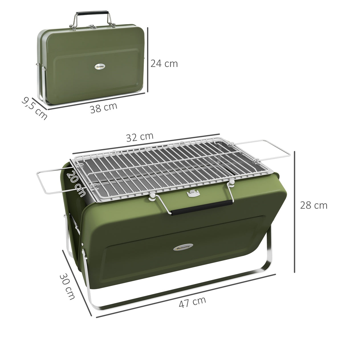 Table Grill, Charcoal Grill With Charcoal Tray, Grill Rack, Handle, Picnic, Garden, Stainless Steel, Green