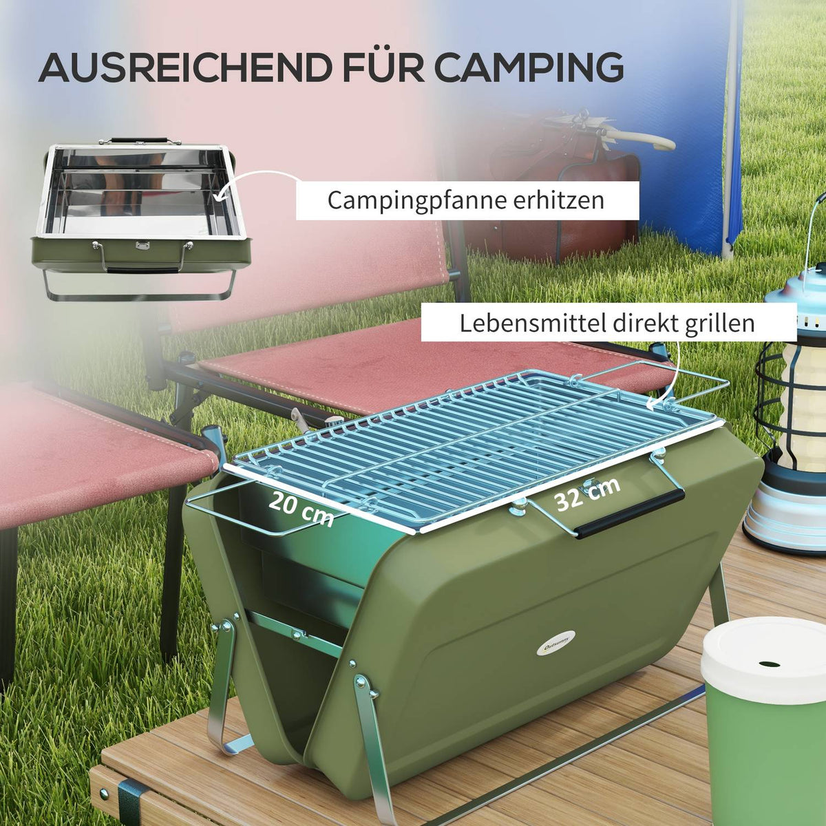 Table Grill, Charcoal Grill With Charcoal Tray, Grill Rack, Handle, Picnic, Garden, Stainless Steel, Green
