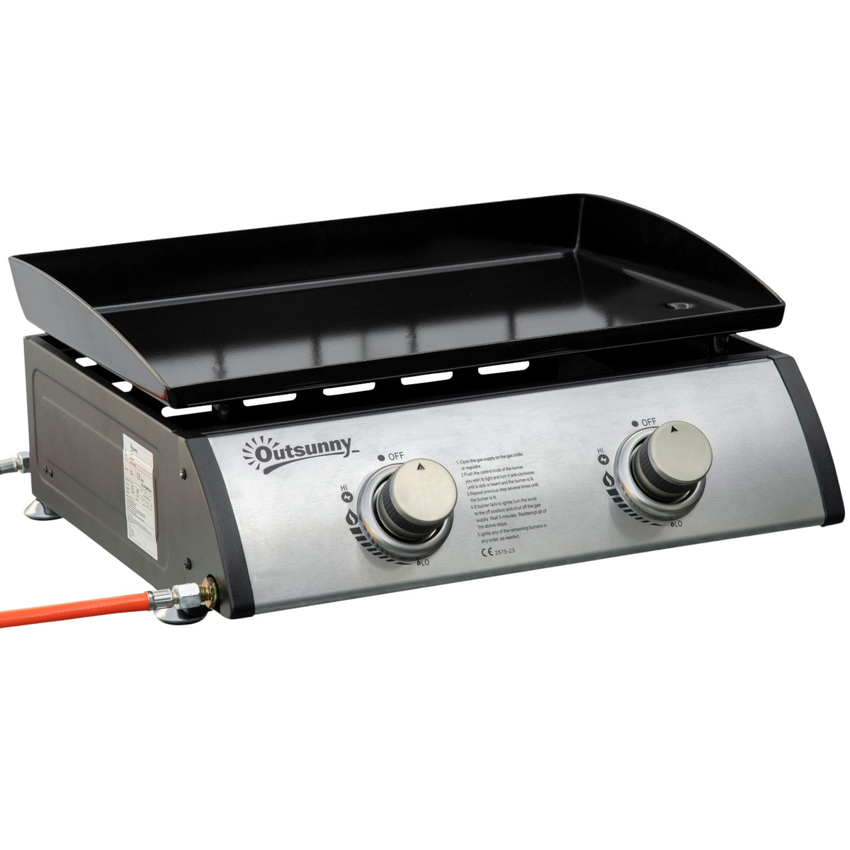 Table Grill Gas Grill Bbq With 2 Burners, Table Gas Grill With Hose, Non-Stick Grill Plate, Camping Grill, Stainless Steel + Metal, Silver