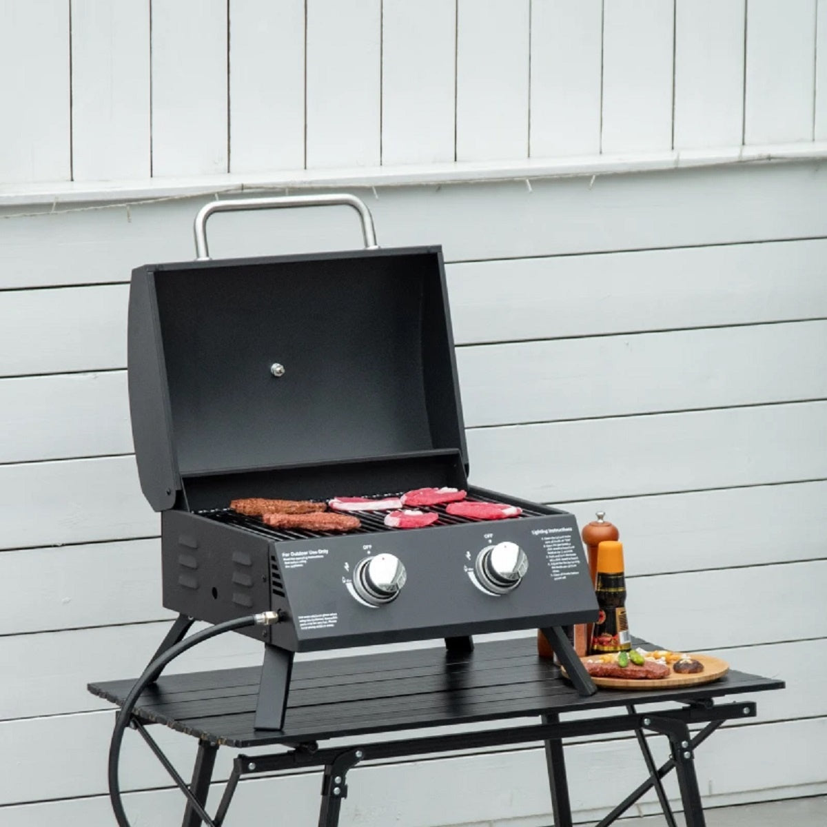 Table Grill Mobile Gas Grill Bbq With 2 Burners, Grill Net, Outdoor, Stainless Steel, Black, 55X46.5X41Cm, Small, Picnic