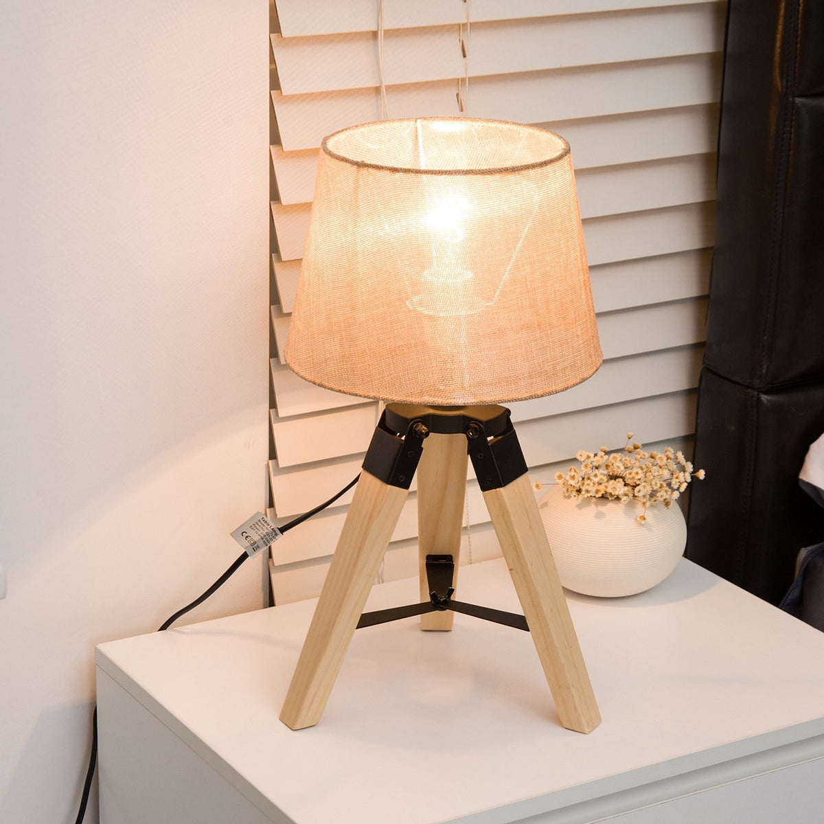 Table Lamp Bedside Lamp, E27, Linen Look, Pine+Polyester, 24X24X45Cm, Beige