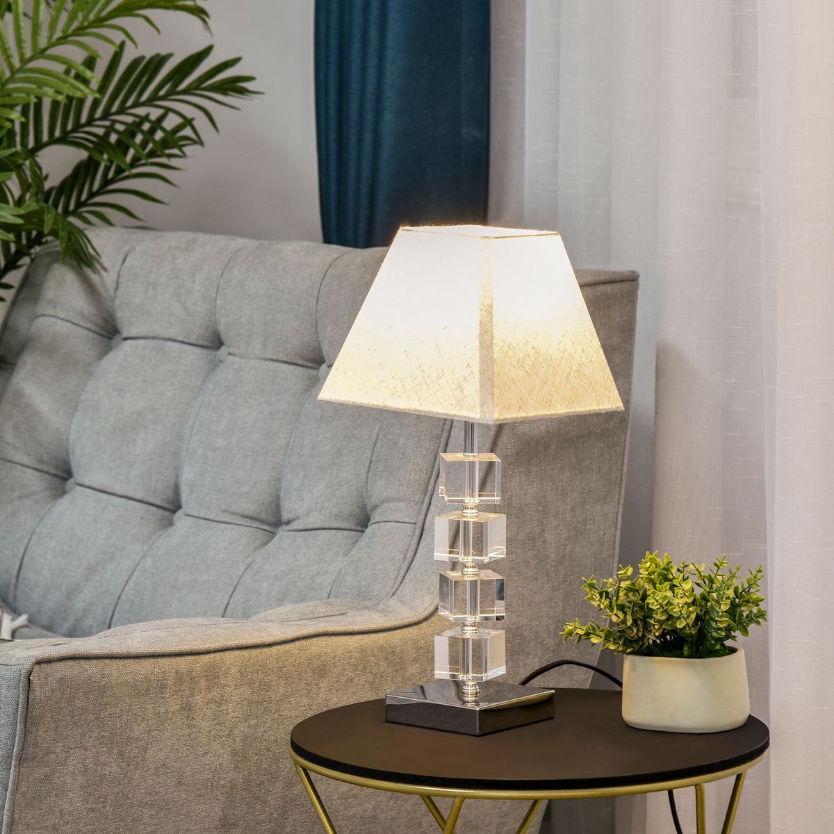 Table Lamp Bedside Lamp With Rotating Crystal Cube & Metal Base, E14, Cream White, 20X20X47Cm