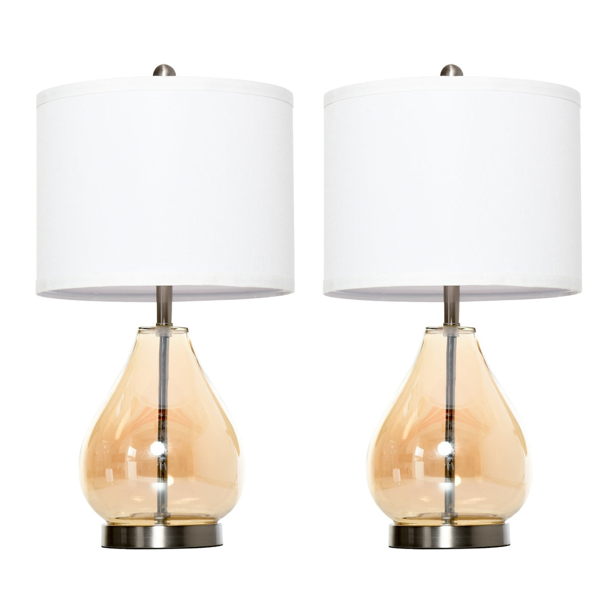 Table Lamp Set Of 2 Bedside Lamps With E27 Socket, 40W, Glass, Linen, Steel, Amber, Ø30 X 56H Cm