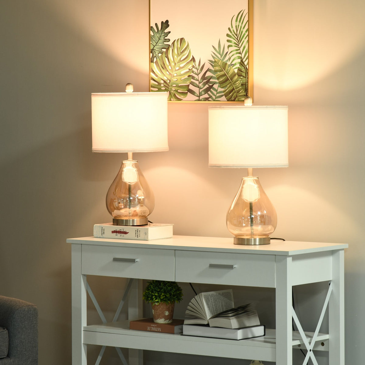Table Lamp Set Of 2 Bedside Lamps With E27 Socket, 40W, Glass, Linen, Steel, Amber, Ø30 X 56H Cm