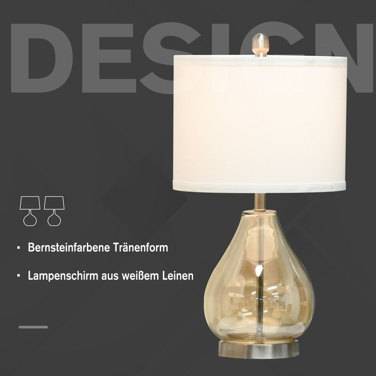 Table Lamp Set Of 2 Bedside Lamps With E27 Socket, 40W, Glass, Linen, Steel, Amber, Ø30 X 56H Cm