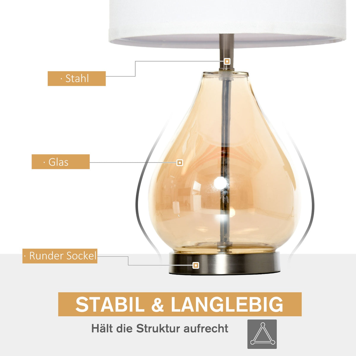 Table Lamp Set Of 2 Bedside Lamps With E27 Socket, 40W, Glass, Linen, Steel, Amber, Ø30 X 56H Cm