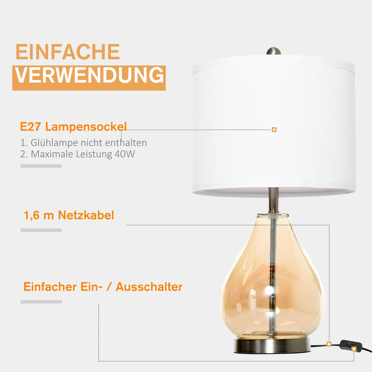 Table Lamp Set Of 2 Bedside Lamps With E27 Socket, 40W, Glass, Linen, Steel, Amber, Ø30 X 56H Cm