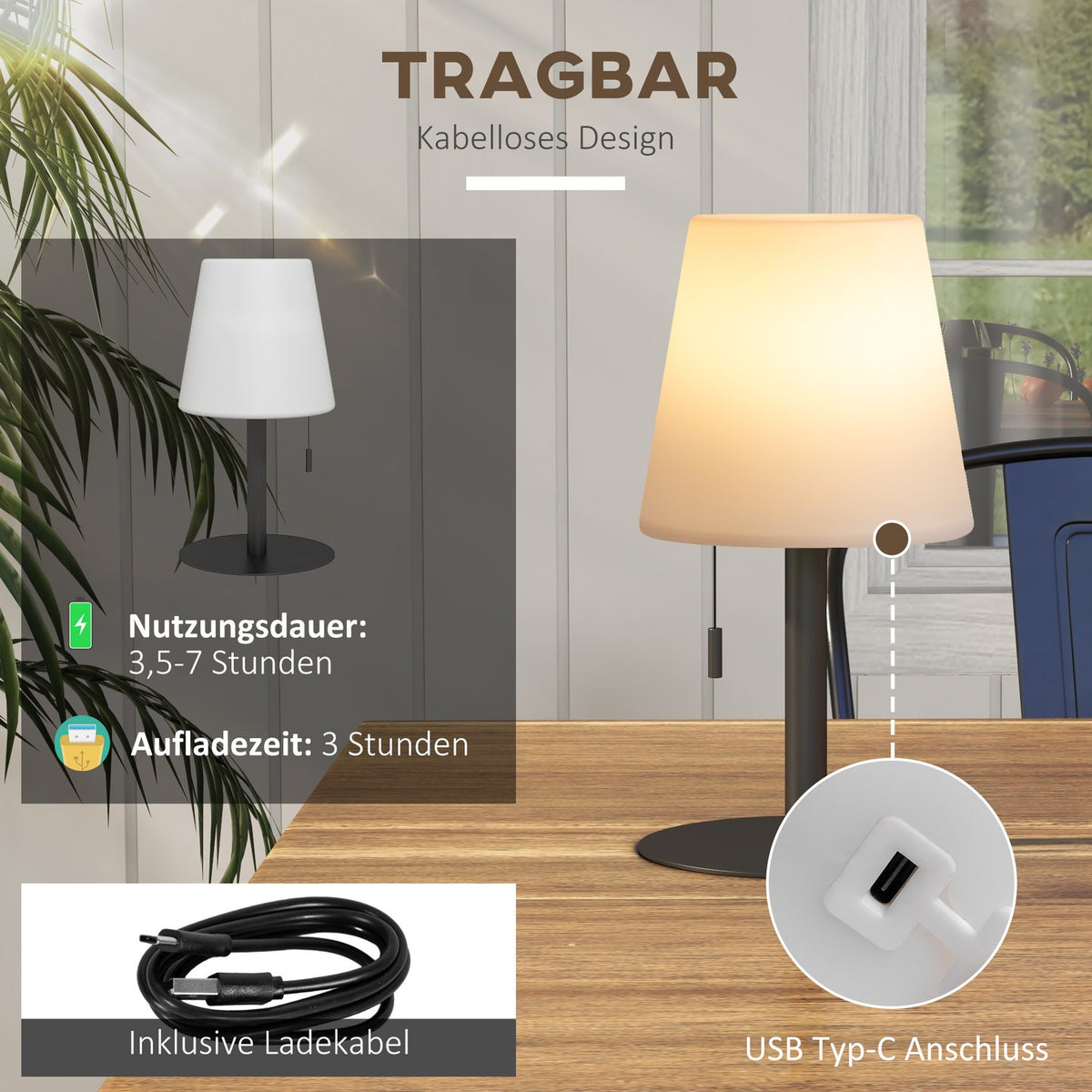 Table Lamp Usb Rechargeable Led Table Lamp, Dimmable, Bedside & Desk Lamp, Ip44, Indoor & Outdoor, Black+White
