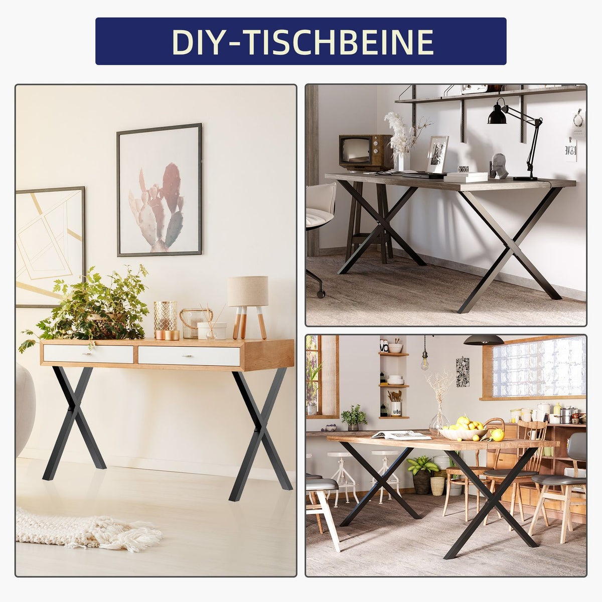 Table Legs, Set Of 2, Steel, For Dining Table, Desk, Coffee Table, X-Shape, Black, 72Cm