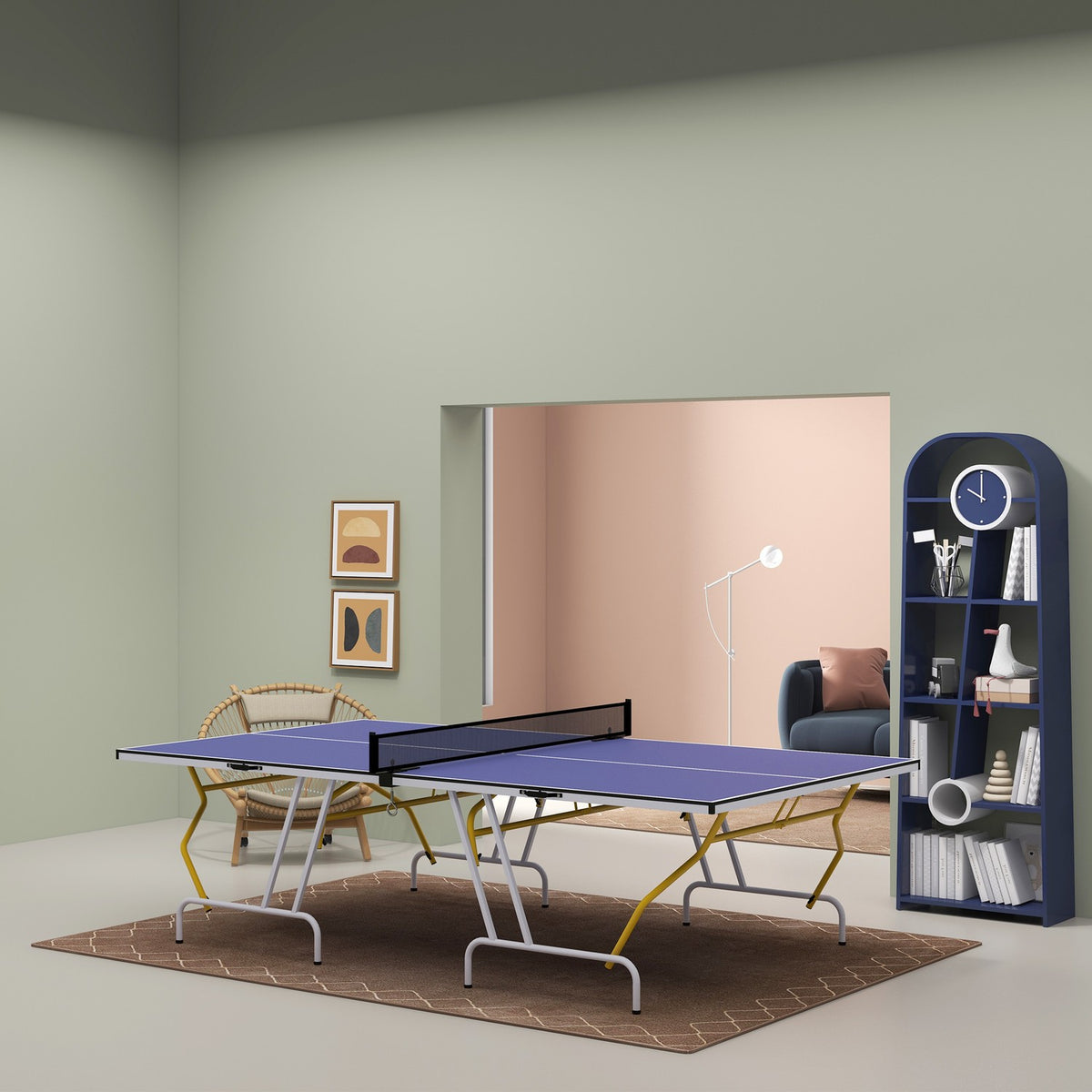 Table Tennis Table Folding Table In Quarters With Table Tennis Net, 2 Table Tennis Bats, 3 Balls, Blue