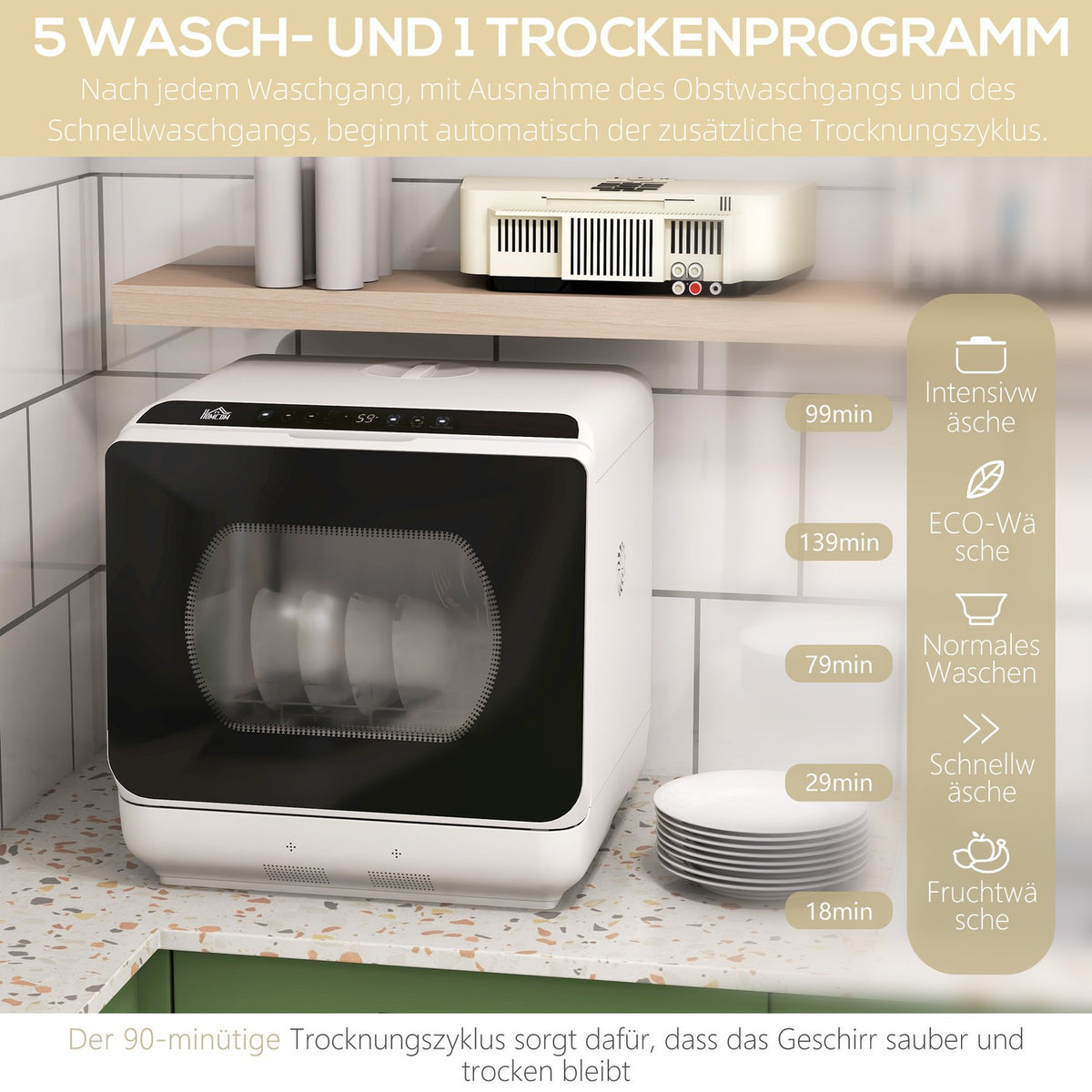 Table dishwasher can be used with/without water connection Mini dishwasher with space for 4 place settings, 6 programs, built-in 6 liter water tank, for office, camping, motorhome, white