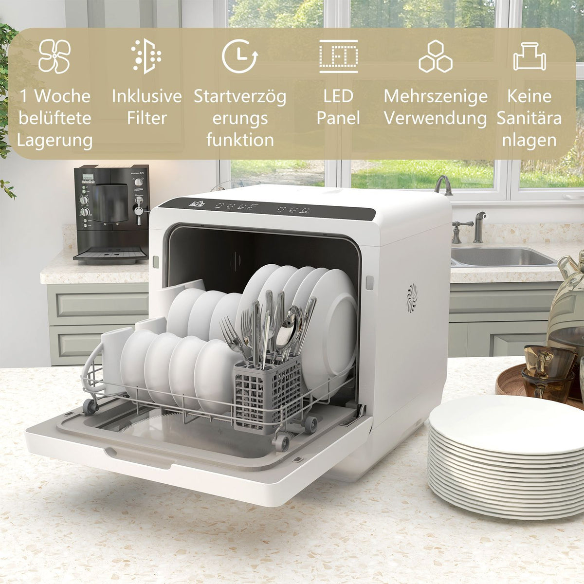 Table dishwasher can be used with/without water connection Mini dishwasher with space for 4 place settings, 6 programs, built-in 6 liter water tank, for office, camping, motorhome, white
