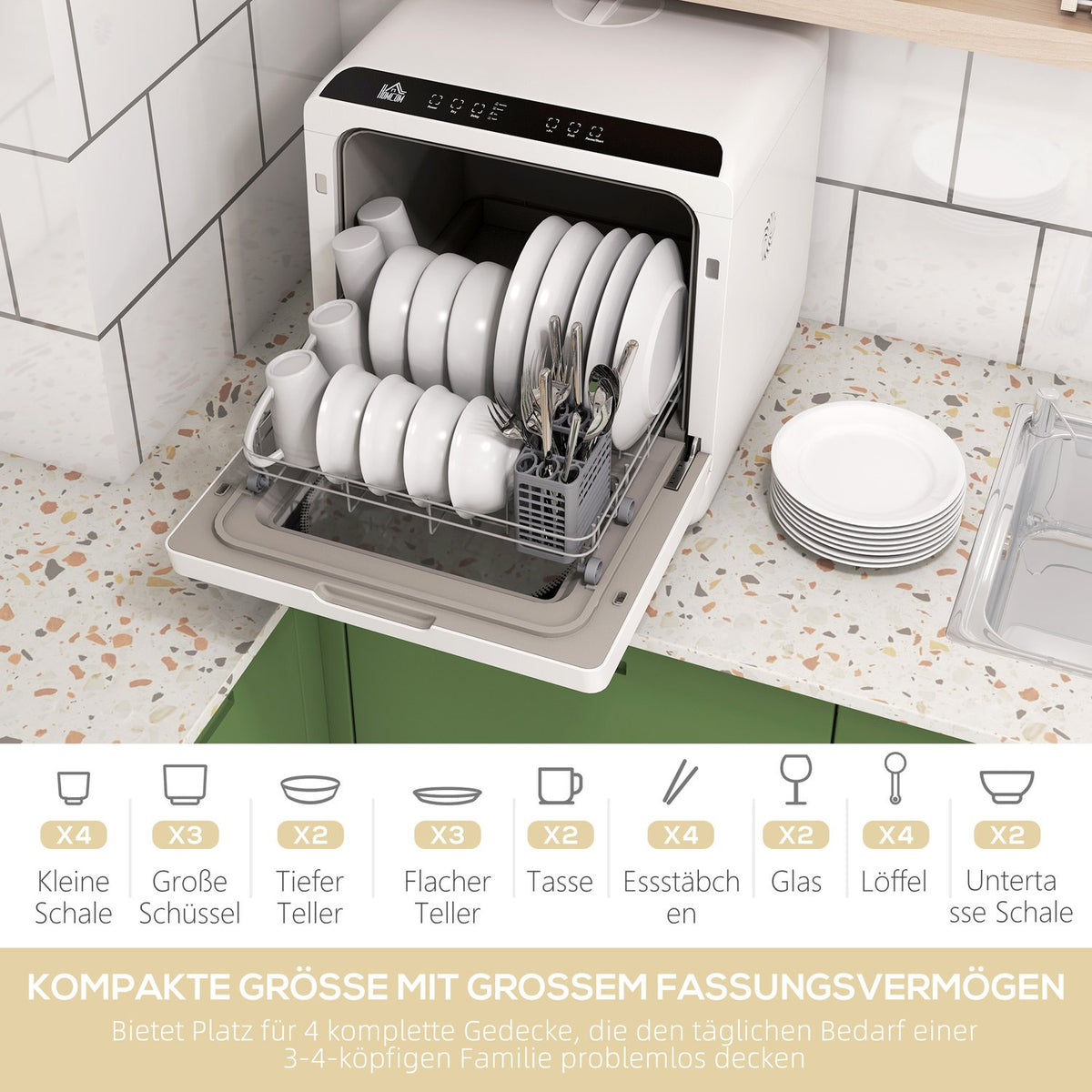 Table dishwasher can be used with/without water connection Mini dishwasher with space for 4 place settings, 6 programs, built-in 6 liter water tank, for office, camping, motorhome, white