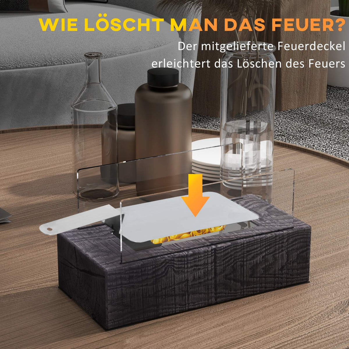 Table fireplace, bio-ethanol fireplace, 0.15 L table fire, portable indoor fireplace with wood look, stainless steel, 1000BTU, 33 x 16 x 18 cm