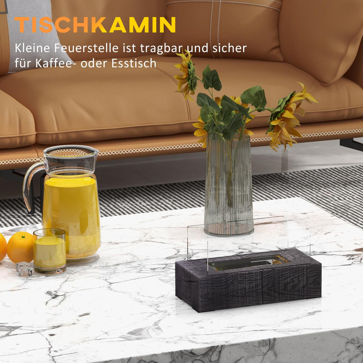Table fireplace, bio-ethanol fireplace, 0.15 L table fire, portable indoor fireplace with wood look, stainless steel, 1000BTU, 33 x 16 x 18 cm
