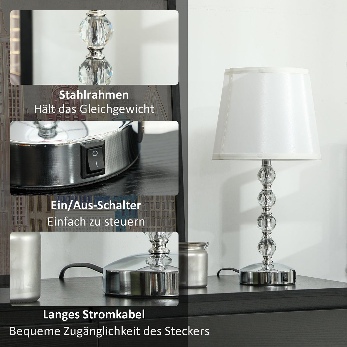 Table lamp LED table lamp USB rechargeable, crystal bedside lamp, lamp base E27, for living room, bedroom, glass, silver 23 x 23 x 45 cm