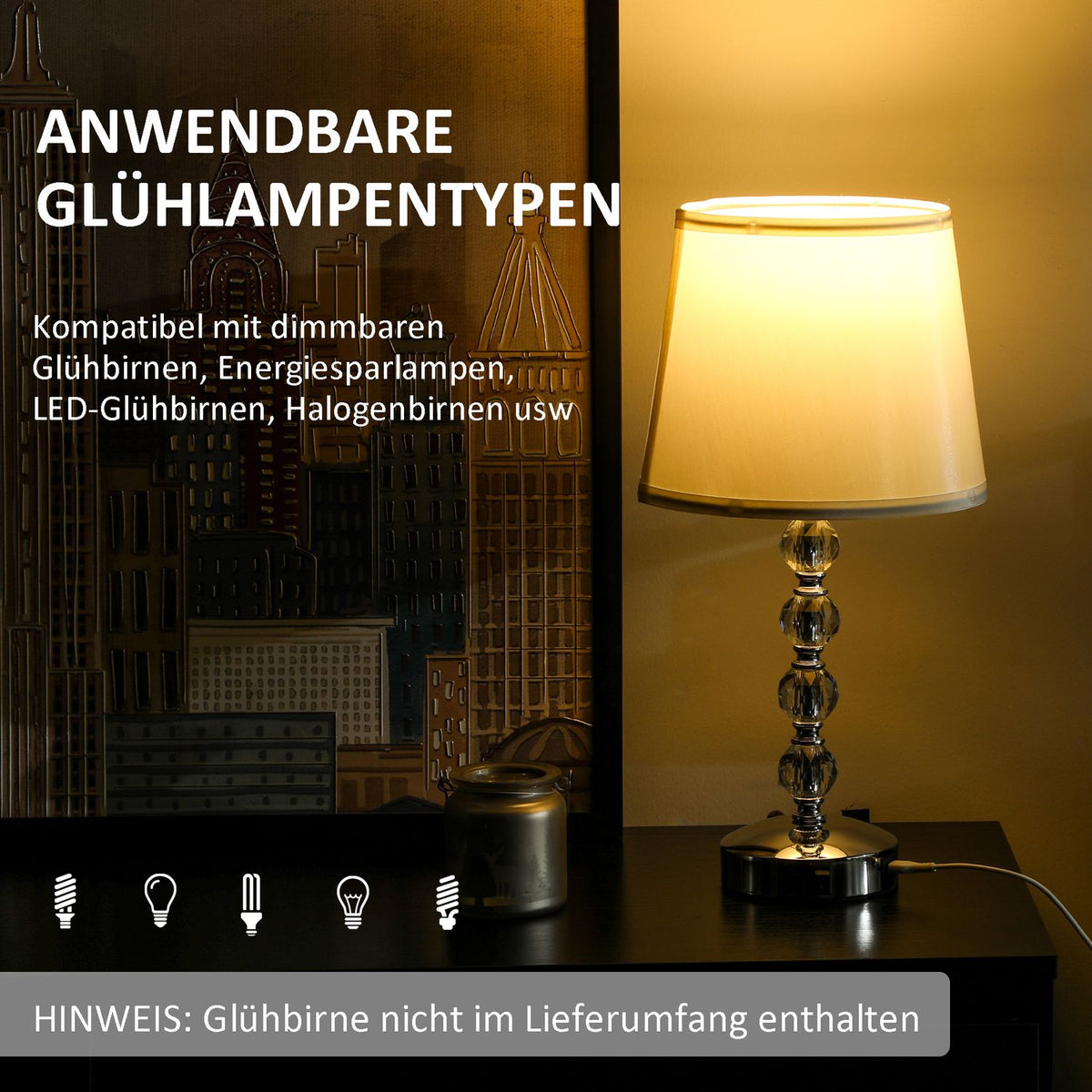 Table lamp LED table lamp USB rechargeable, crystal bedside lamp, lamp base E27, for living room, bedroom, glass, silver 23 x 23 x 45 cm