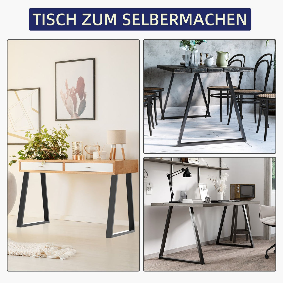 Table legs, set of 2 table runners, triangular furniture feet made of steel, 70 x 72 cm table frame for dining table, steel, black |