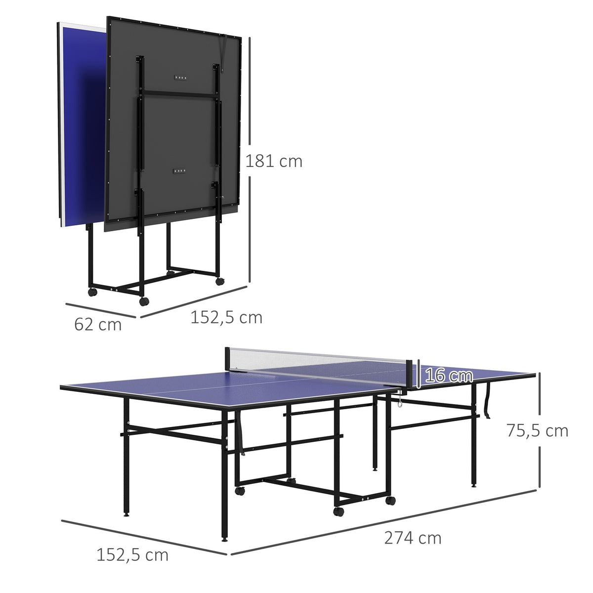 Table tennis table, folding table tennis table in quarters with wheels, table tennis game set with 2 table tennis bats, 3 balls, outdoor indoor steel, blue, 274 x 152.5 x 75.5 cm