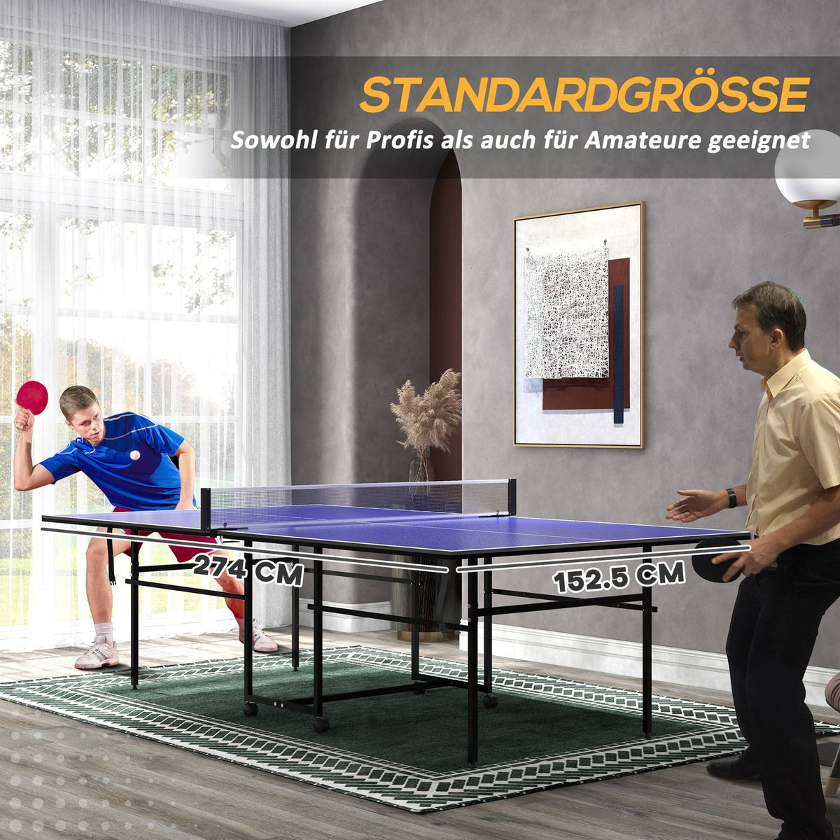 Table tennis table, folding table tennis table in quarters with wheels, table tennis game set with 2 table tennis bats, 3 balls, outdoor indoor steel, blue, 274 x 152.5 x 75.5 cm