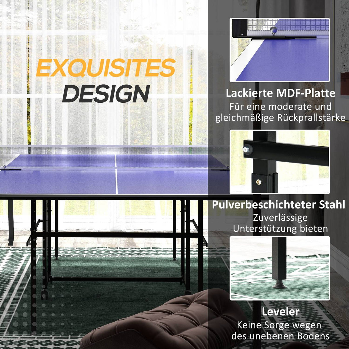 Table tennis table, folding table tennis table in quarters with wheels, table tennis game set with 2 table tennis bats, 3 balls, outdoor indoor steel, blue, 274 x 152.5 x 75.5 cm