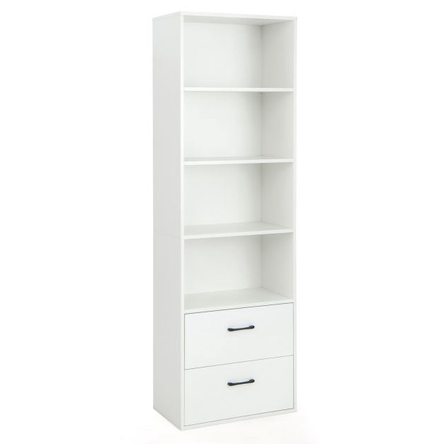 Tall 6-Tier Freestanding Bookshelf, 4 Shelves, 2 Drawers