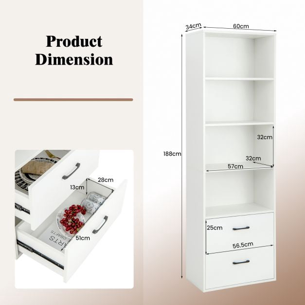 Tall 6-Tier Freestanding Bookshelf, 4 Shelves, 2 Drawers