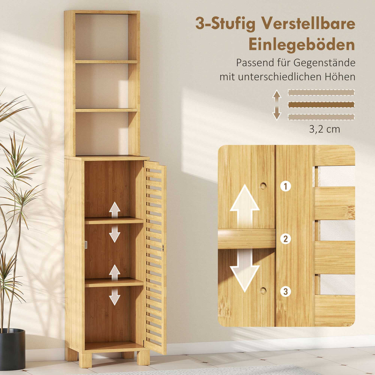 Tall Bamboo Bathroom Cabinet with Adjustable Shelves, 34x30x170 cm