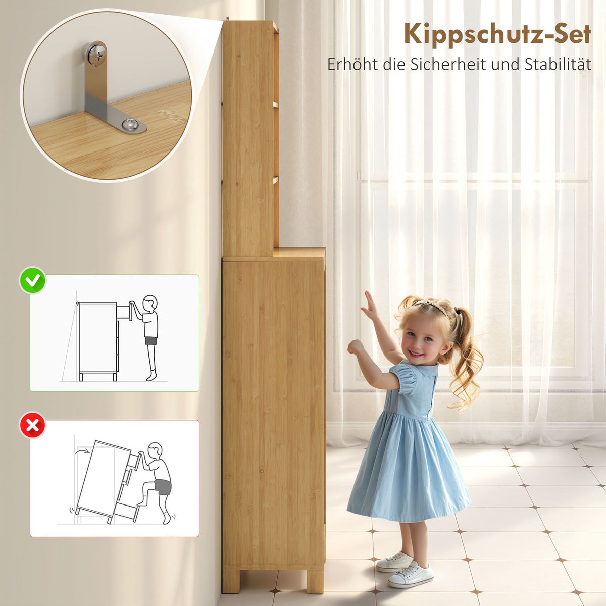 Tall Bamboo Bathroom Cabinet with Adjustable Shelves, 34x30x170 cm