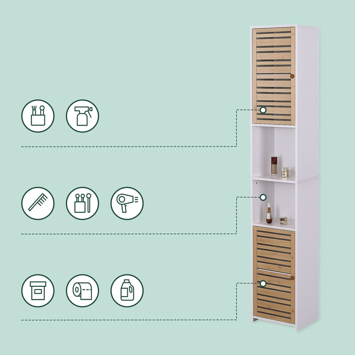 Tall Bathroom Cabinet, 190 cm, White, Bamboo Doors