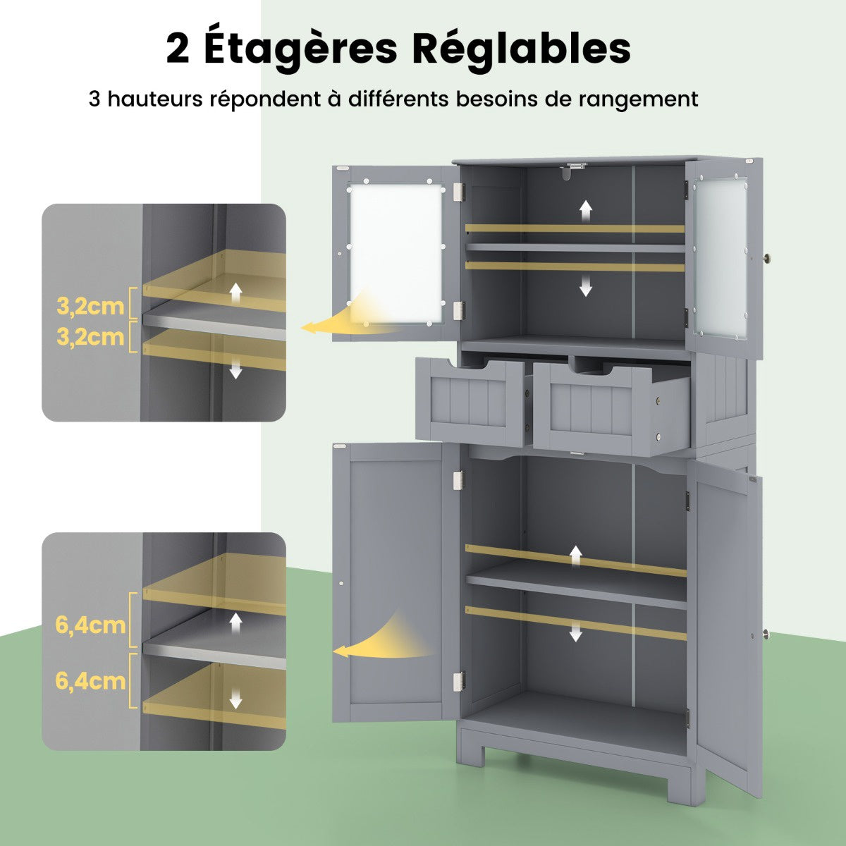 Tall Bathroom Cabinet, 4 Doors, 2 Drawers, Grey