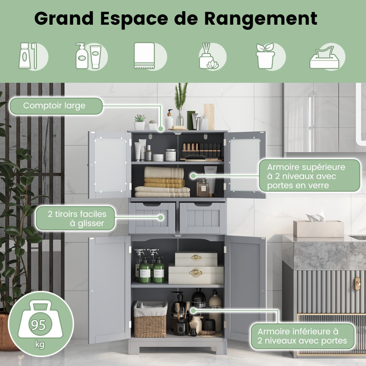 Tall Bathroom Cabinet, 4 Doors, 2 Drawers, Grey