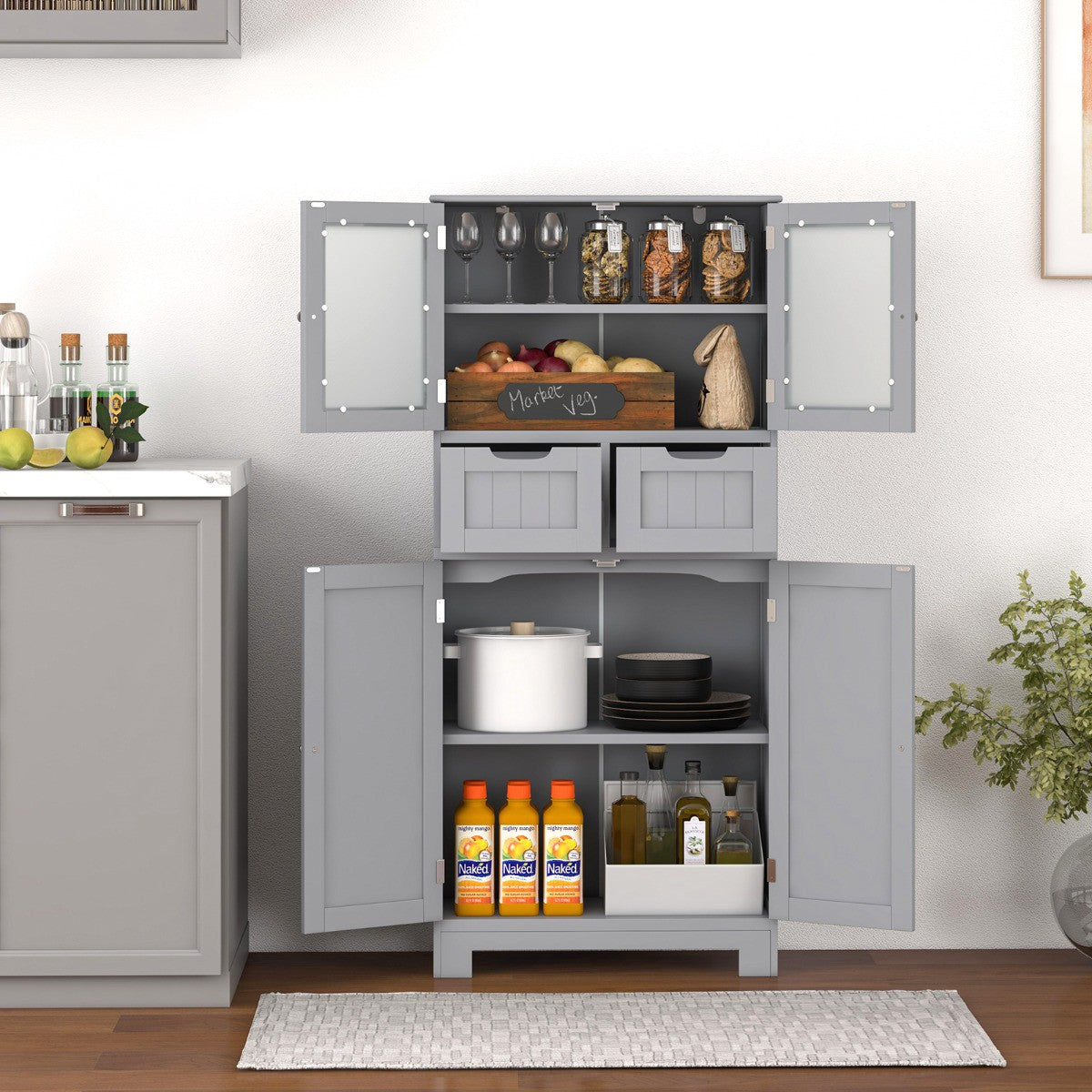 Tall Bathroom Cabinet, 4 Doors, 2 Drawers, Grey