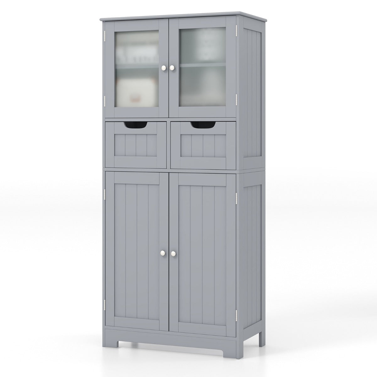Tall Bathroom Cabinet, 4 Doors, 2 Drawers, Grey