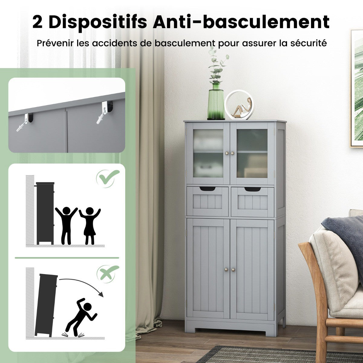 Tall Bathroom Cabinet, 4 Doors, 2 Drawers, Grey