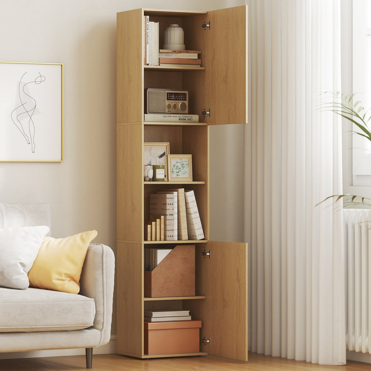 Tall Bathroom Cabinet, 6 Levels, Oak Finish, Adjustable Shelves