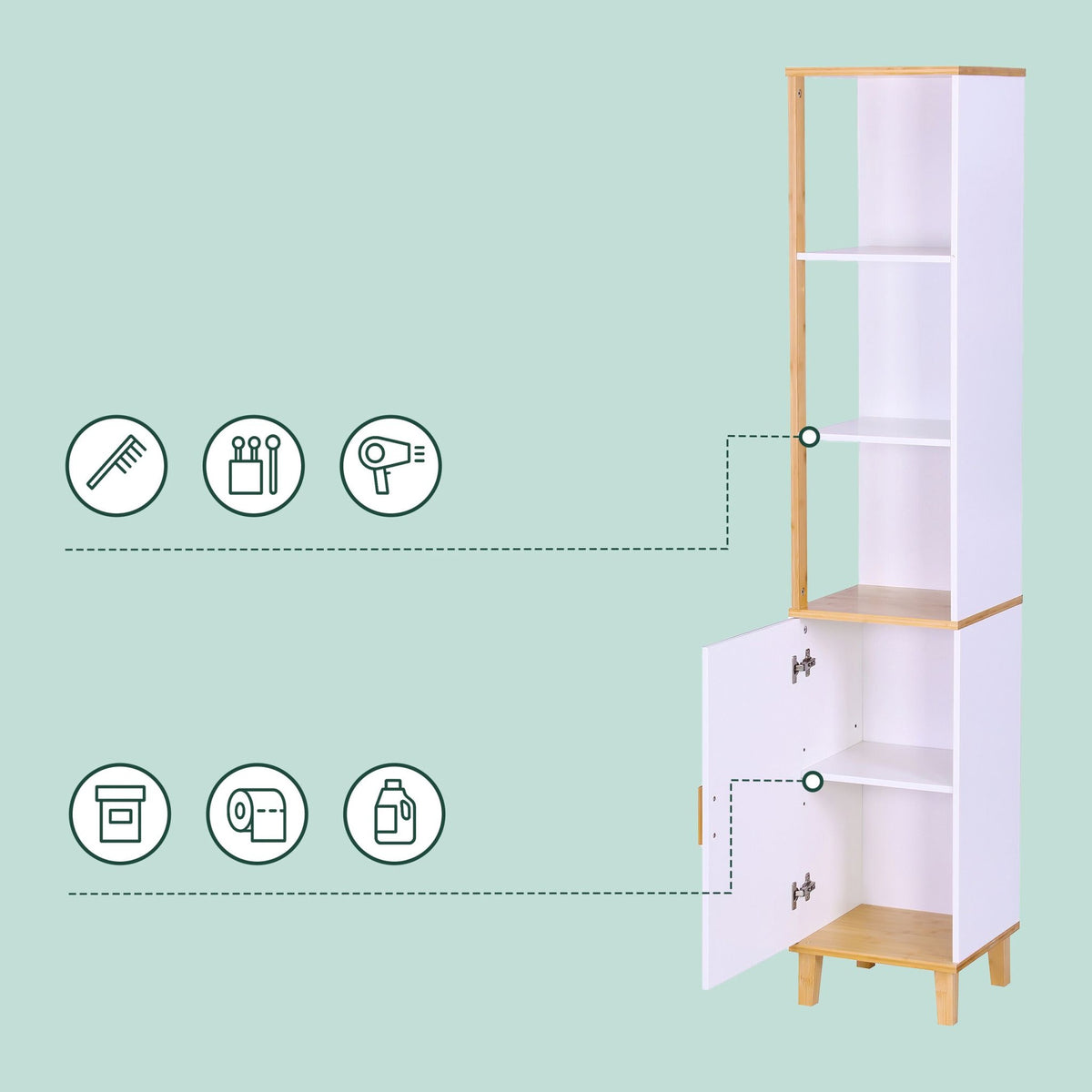 Tall Bathroom Cabinet, Door & 3 Shelves, Bamboo Accents