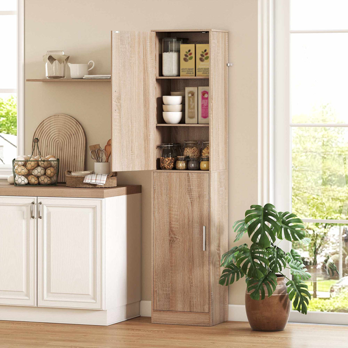 Tall Bathroom Cabinet, Natural Wood, Adjustable Shelves