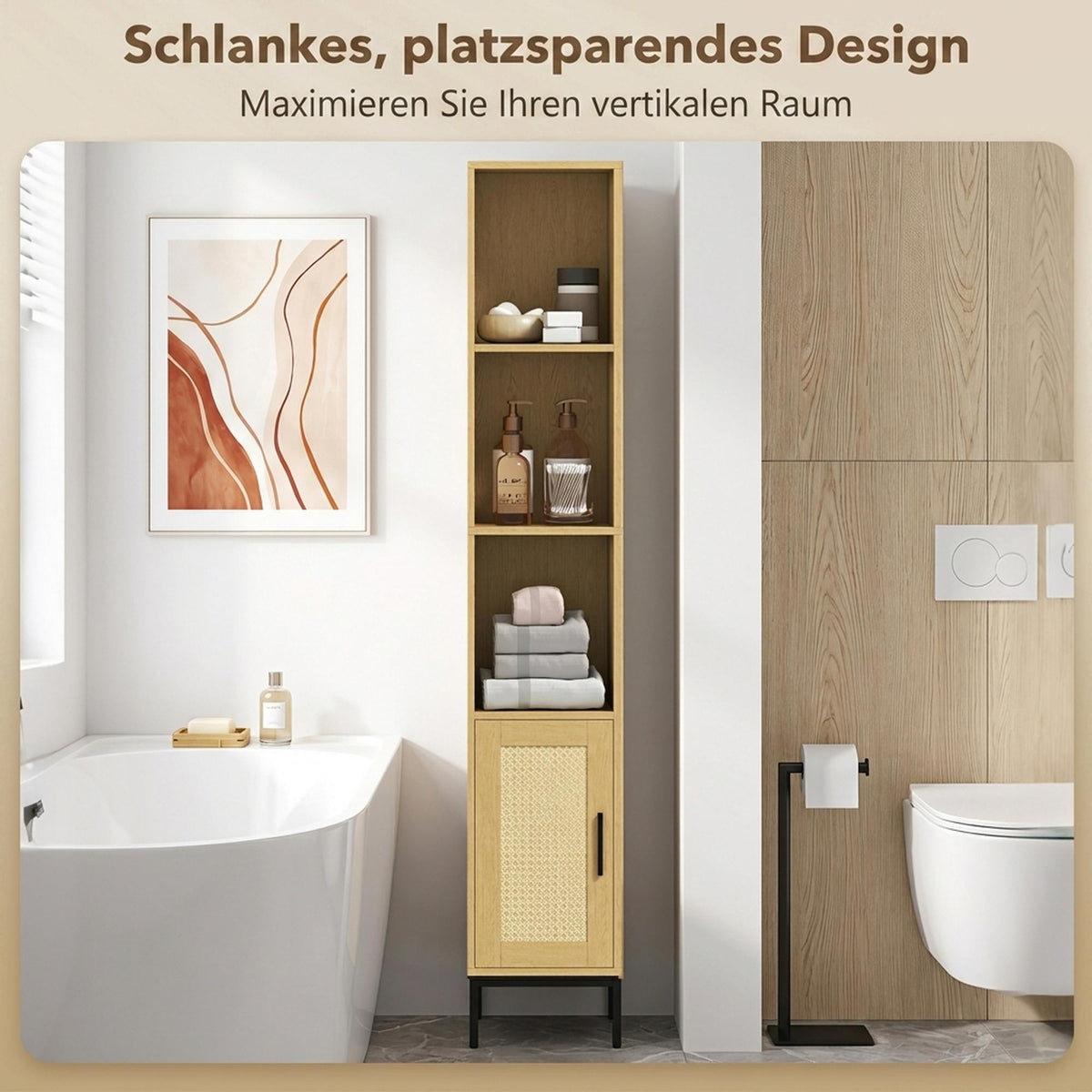 Tall Bathroom Cabinet, Slim Wood Look with Adjustable Shelf