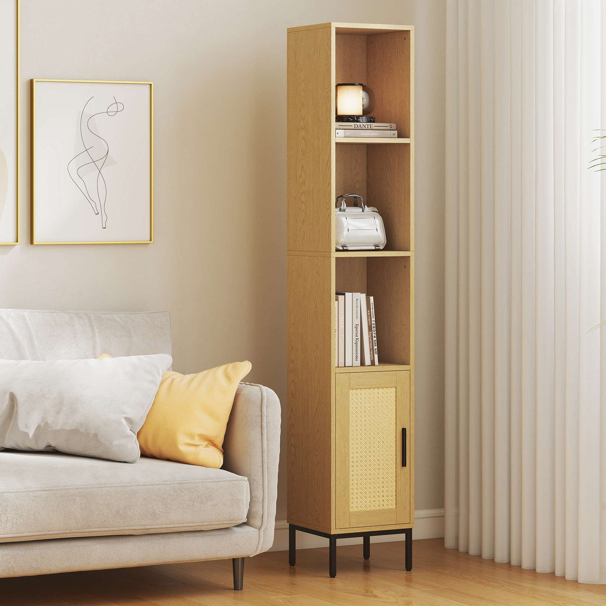 Tall Bathroom Cabinet, Slim Wood Look with Adjustable Shelf