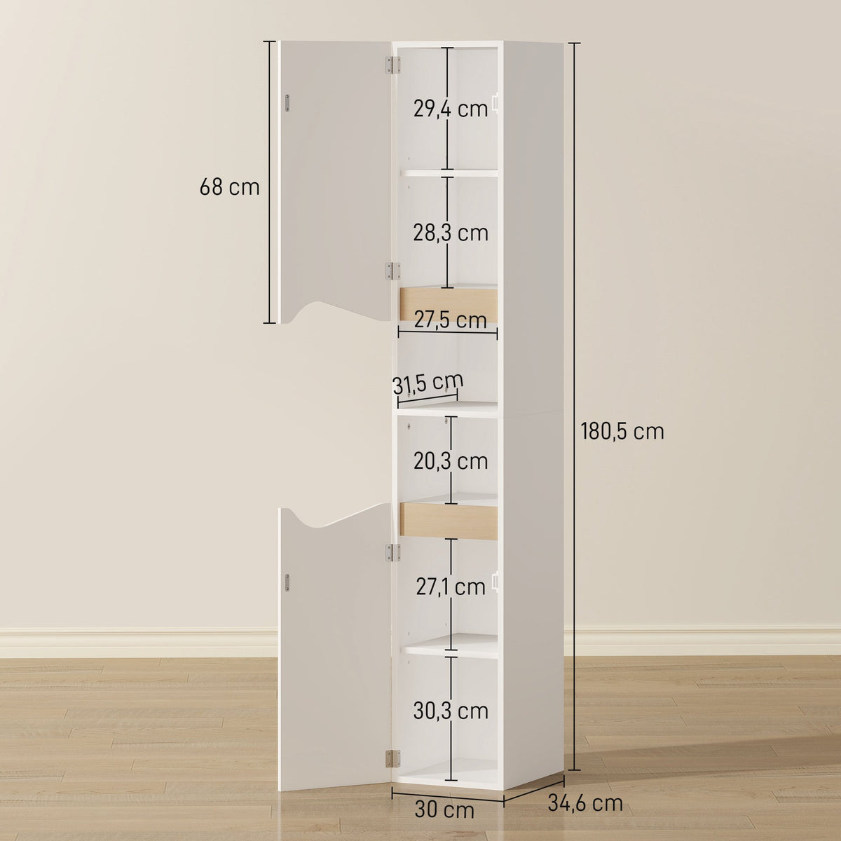 Tall Bathroom Cabinet, White, 2 Doors, 2 Open Shelves, Adjustable Shelves