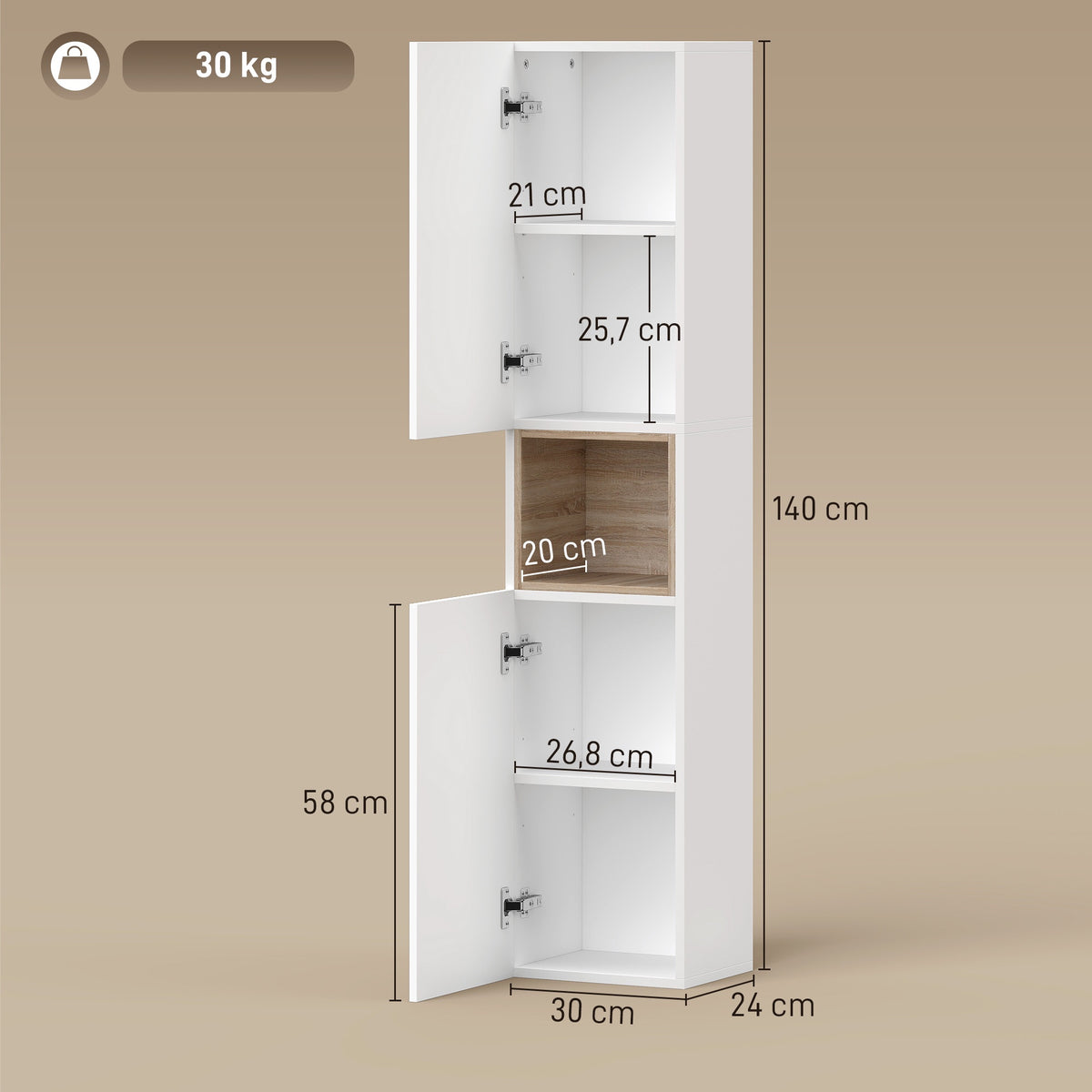 Tall Bathroom Cabinet, White/Natural Wood, Adjustable Shelves