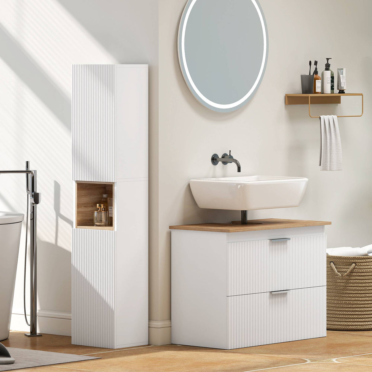 Tall Bathroom Cabinet, White/Natural Wood, Adjustable Shelves