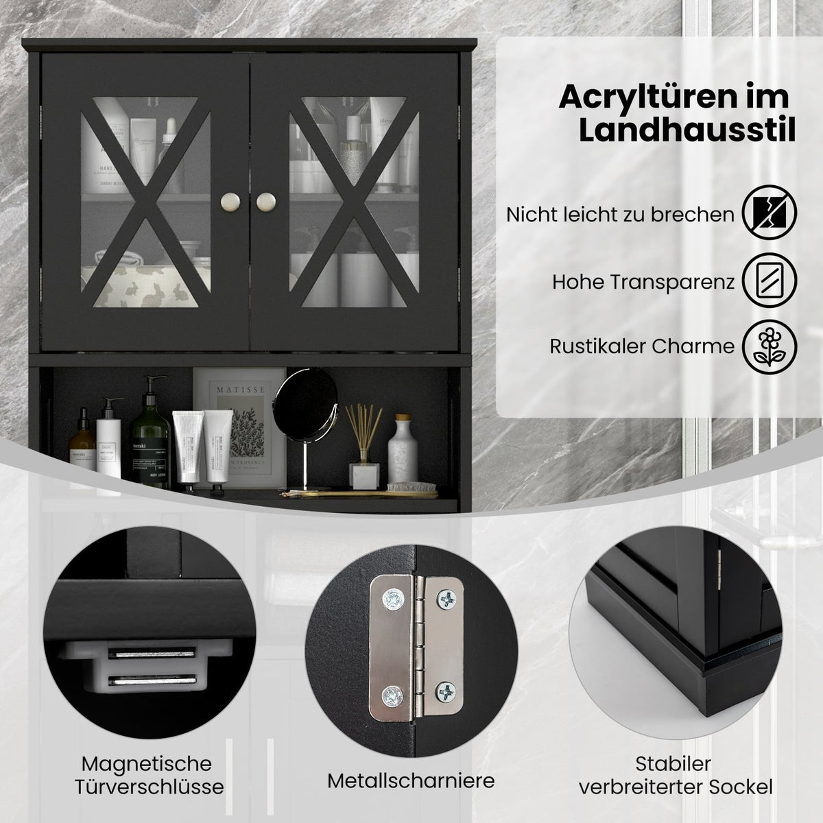 Tall Bathroom Cabinet with Adjustable Shelves, Black MDF